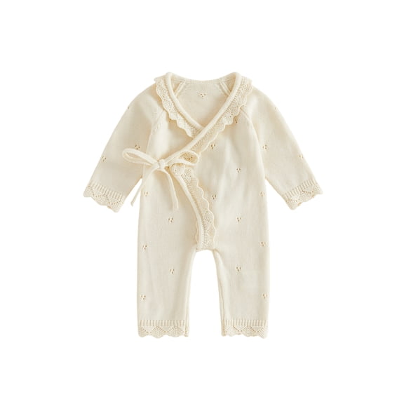 Loicainy Newborn Infant Girl Front Tie Knit Romper 3 6 Months Scallop Trim V Neck Long Sleeve Jumpsuit
