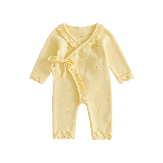 Loicainy Newborn Infant Girl Front Tie Knit Romper 3 6 Months Scallop Trim V Neck Long Sleeve Jumpsuit