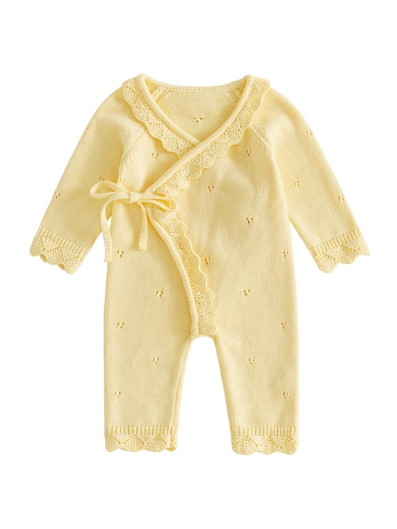Newborn Infant Girl Front Tie Knit Romper 3 6 Months Scallop Trim V Neck Long Sleeve Jumpsuit