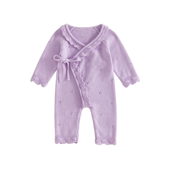 Loicainy Newborn Infant Girl Front Tie Knit Romper 3 6 Months Scallop Trim V Neck Long Sleeve Jumpsuit
