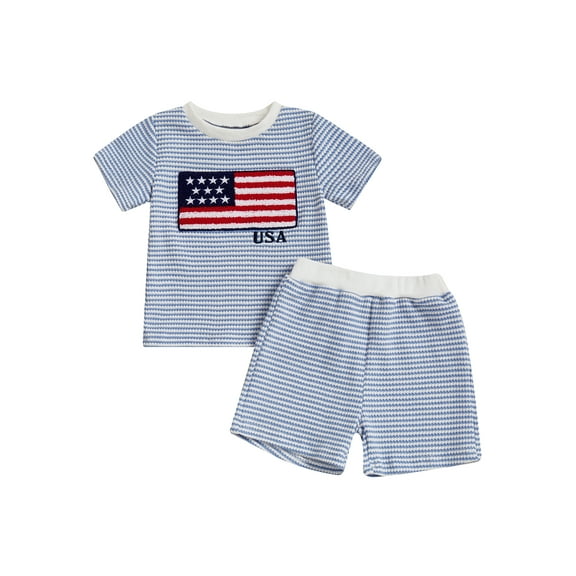 Loicainy Toddler Baby Boy 4th of July Clothes Set 6 12 18 24 Months 2T 3T 4T Flag Embroidery Striped Crew Neck Short Sleeve T-Shirt and Shorts 2 Pcs Independence Day Outfits