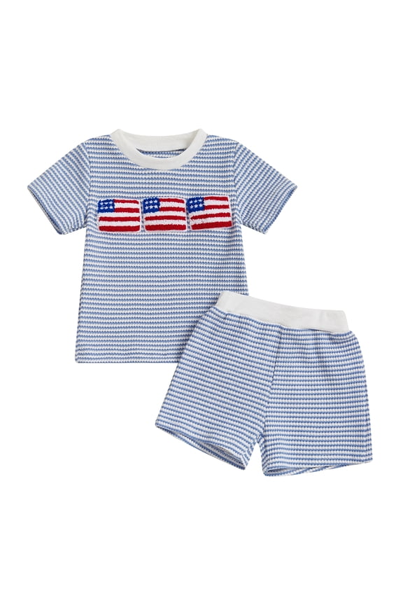 Toddler Baby Boy 4th of July Clothes Set 6 12 18 24 Months 2T 3T 4T Flag Embroidery Striped Crew Neck Short Sleeve T-Shirt and Shorts 2 Pcs Independence Day Outfits