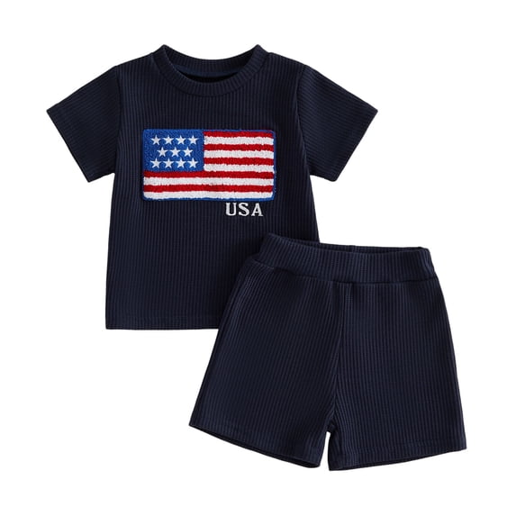 Loicainy Toddler Baby Boy 4th of July Outfit 6 12 18 24 Months 2T 3T 4T Fashionable Short Sleeve Flag Embroidery Tops with Shorts 2Pcs Summer Independence Day Clothes Set