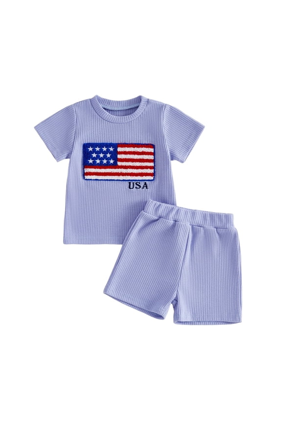 Toddler Baby Boy 4th of July Outfit 6 12 18 24 Months 2T 3T 4T Fashionable Short Sleeve Flag Embroidery Tops with Shorts 2Pcs Summer Independence Day Clothes Set