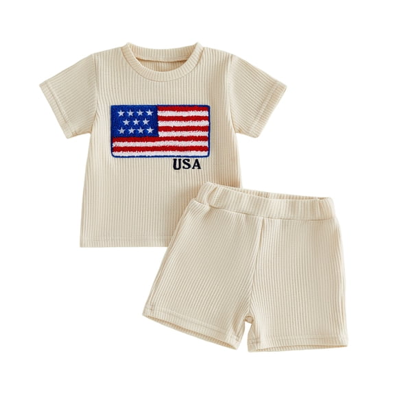 Loicainy Toddler Baby Boy 4th of July Outfit 6 12 18 24 Months 2T 3T 4T Fashionable Short Sleeve Flag Embroidery Tops with Shorts 2Pcs Summer Independence Day Clothes Set
