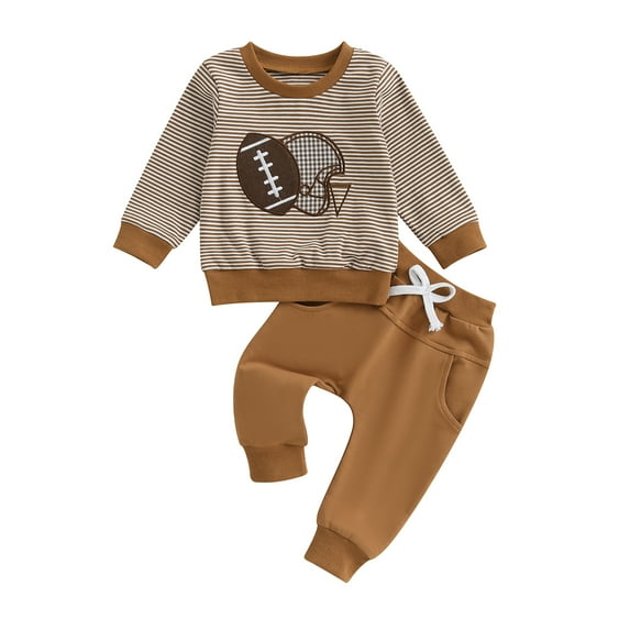 Loicainy Toddler Baby Boy Fall Clothes Set 3 6 12 18 24 Months 2T 3T Football Embroidery Stripe Long Sleeve Pullover Elastic Waist Solid Pants 2Pcs Outfit