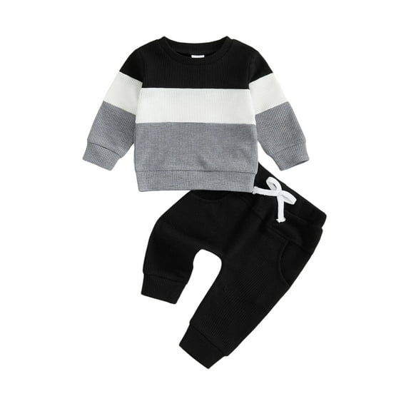 Loicainy Toddler Baby Boy Fall Outfit 6 12 18 24 Months 2T 3T Contrast Color Striped Crew Neck Long Sleeve Tops and Pants 2 Pcs Clothes Set