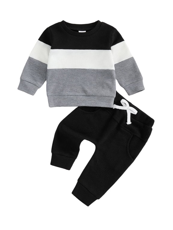 Toddler Baby Boy Fall Outfit 6 12 18 24 Months 2T 3T Contrast Color Striped Crew Neck Long Sleeve Tops and Pants 2 Pcs Clothes Set