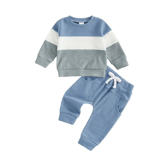 Loicainy Toddler Baby Boy Fall Outfit 6 12 18 24 Months 2T 3T Contrast Color Striped Crew Neck Long Sleeve Tops and Pants 2 Pcs Clothes Set