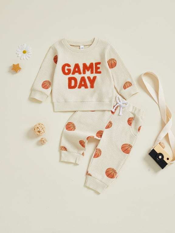 Toddler Baby Boy Fall Spring Outfits 6 12 18 24 Months 2T 3T Letter Embroidery Long Sleeve Round Neck Pullover + Elastic Waist Basketball Pants 2 Pcs Clothes Set