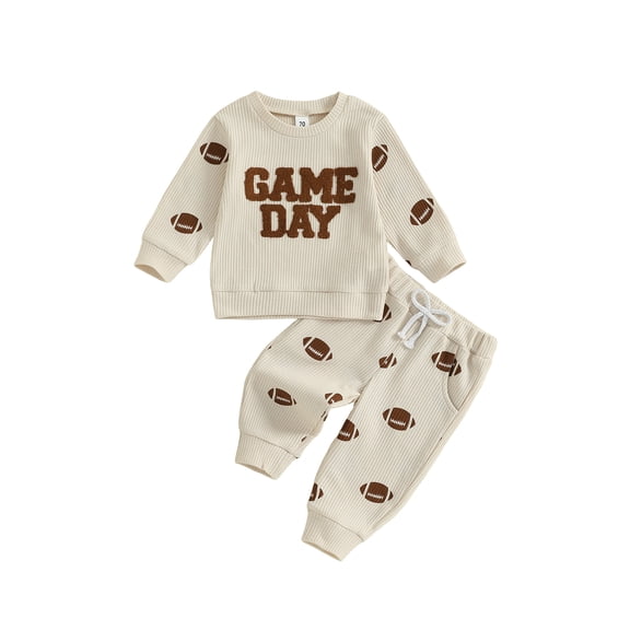 Loicainy Toddler Baby Boy Fall Spring Outfits 6 12 18 24 Months 2T 3T Letter Embroidery Long Sleeve Round Neck Pullover Elastic Waist Football Print Pants 2 Pcs Clothes Set
