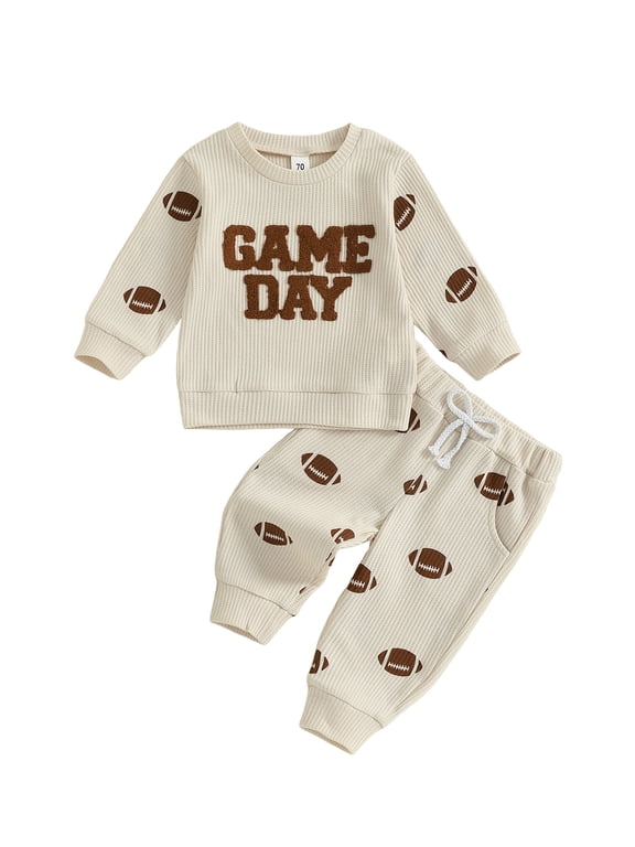 Toddler Baby Boy Fall Spring Outfits 6 12 18 24 Months 2T 3T Letter Embroidery Long Sleeve Round Neck Pullover + Elastic Waist Football Print Pants 2 Pcs Clothes Set