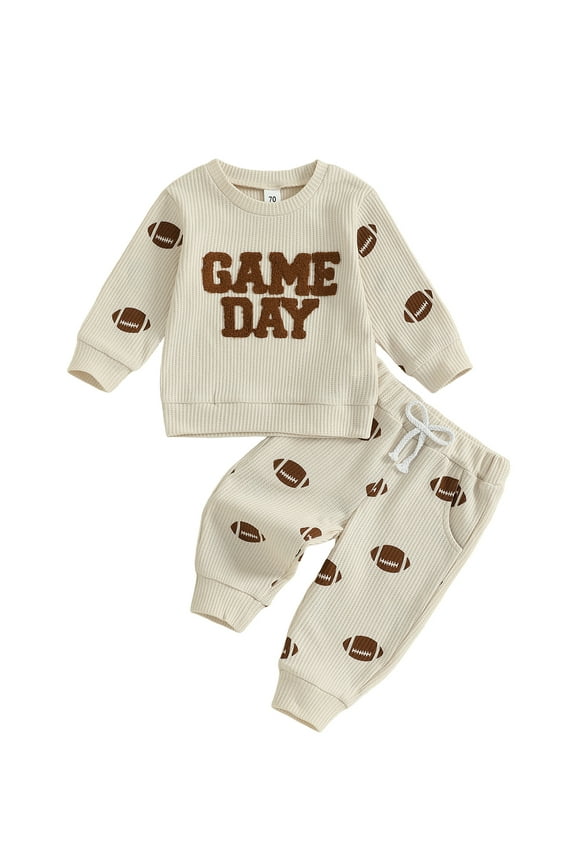 Toddler Baby Boy Fall Spring Outfits 6 12 18 24 Months 2T 3T Letter Embroidery Long Sleeve Round Neck Pullover + Elastic Waist Football Print Pants 2 Pcs Clothes Set