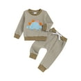 thumbnail image 1 of Loicainy Toddler Baby Boy Fall Winter Outfit 6 12 18 24 Months 2T 3T Dinosaur Patch Striped Long Sleeve Sweatshirt Elastic Waist Joggers 2 Piece Waffle Knit Clothes Set, 1 of 9
