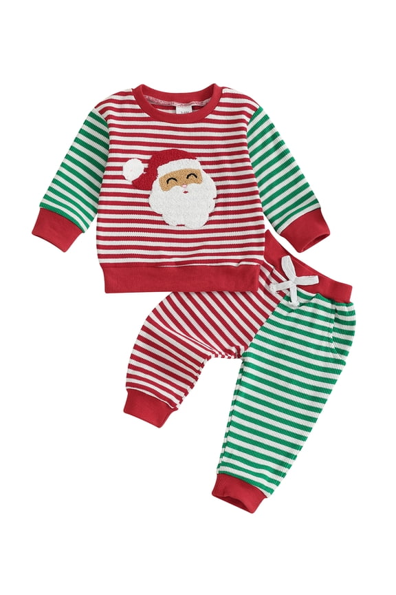 Toddler Baby Boy Girl Fall Striped Clothes Set 3 6 12 18 24 Months 2T 3T Santa Claus Embroidery Long Sleeve Round Neck Pullover Bow Pants with Pocket 2 Pcs Outfit