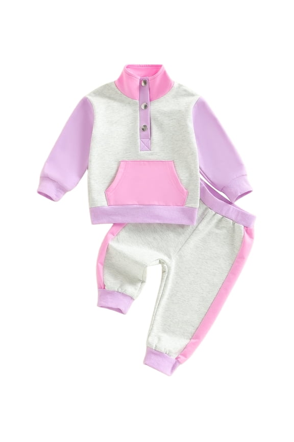 Toddler Baby Boy Girl High Neck Clothing Set 6 12 18 24 Months 2T 3T 4T Contrast Color Long Sleeve Pullover Tops with Pants 2Pcs Outfit