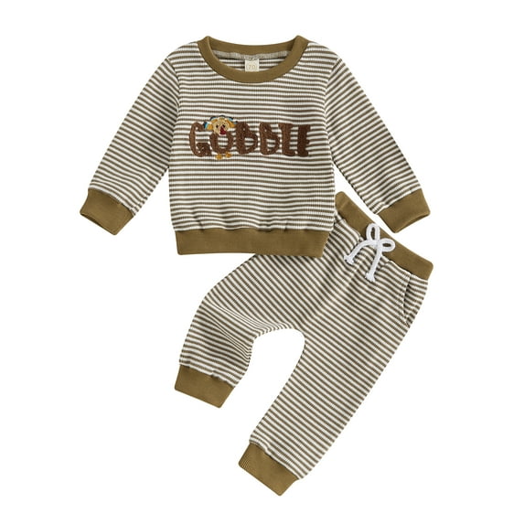 Loicainy Toddler Baby Boy Girl Thanksgiving Outfits 3 6 12 18 24 Months 2T 3T Stripe Long Sleeve Round Neck Turkey Letter Embroidery Pullover with Pants Clothes Set