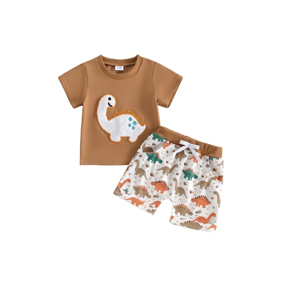 Loicainy Toddler Baby Boy Outfits Dinosaur Embroidery Summer Clothes Set 6 12 18 24 Months 2T 3T Short Sleeve Crew Neck Tops and Elastic Waist Shorts
