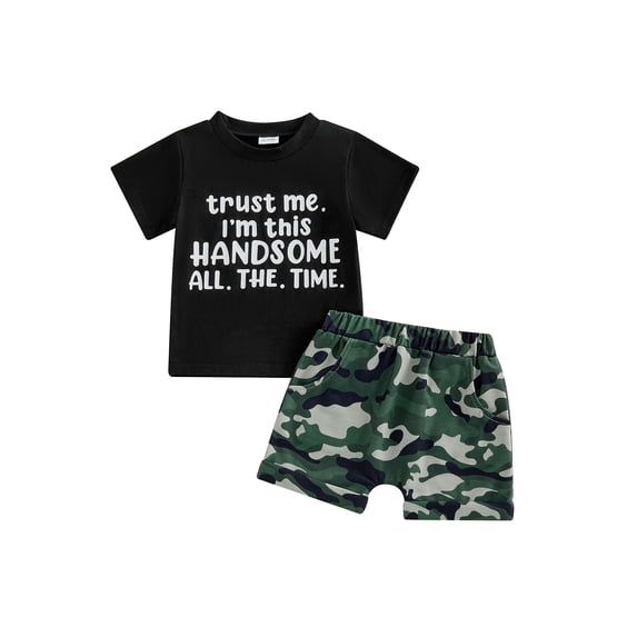Loicainy Toddler Baby Boy Summer Clothes Set 12 18 24 Months 2T 3T 4T 5T Letter Print Short Sleeve Crew Neck T Shirt Elastic Waist Camouflage Shorts 2 Piece Outfits