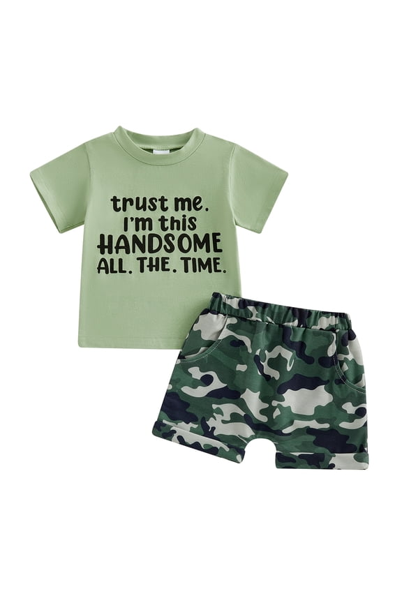 Toddler Baby Boy Summer Clothes Set 12 18 24 Months 2T 3T 4T 5T Letter Print Short Sleeve Crew Neck T Shirt Elastic Waist Camouflage Shorts 2 Piece Outfits