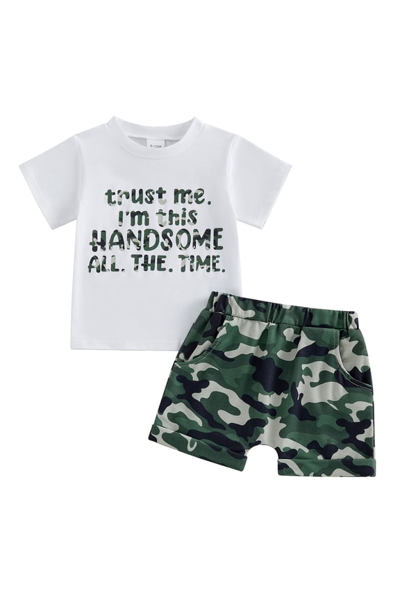 Toddler Baby Boy Summer Clothes Set 12 18 24 Months 2T 3T 4T 5T Letter Print Short Sleeve Crew Neck T Shirt Elastic Waist Camouflage Shorts 2 Piece Outfits