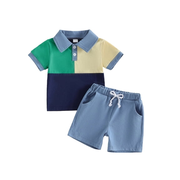 Loicainy Toddler Baby Boy Summer Clothes Set 3 6 12 18 24 Months 2T 3T Contrast Color Short Sleeve Lapel Button T Shirt Elastic Waist Solid Shorts 2 Piece Outfits