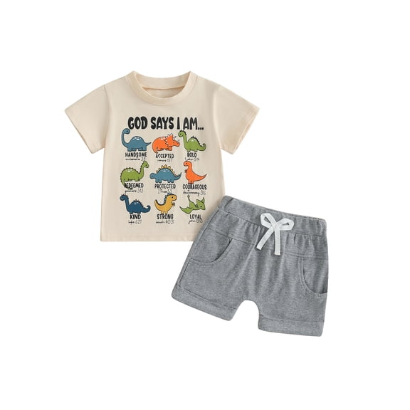 Loicainy Toddler Baby Boy Summer Outfits 6 12 18 24 Months 2T 3T 4T Dinosaur Letter Print Round Neck Short Sleeve Tops with Solid Shorts Clothes Set