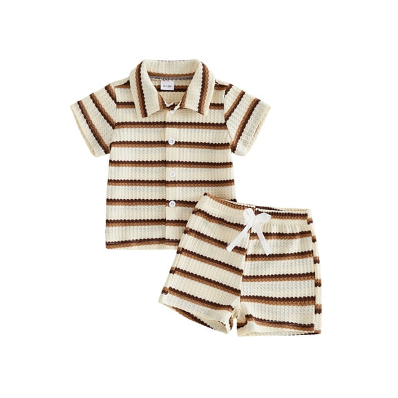 Loicainy Toddler Baby Boy Summer Outfits 6 12 18 24 Months 2T 3T 4T Short Sleeve Lapel Neck Striped Print Waffle Knit Tops and Elastic Waist Shorts Clothes Set