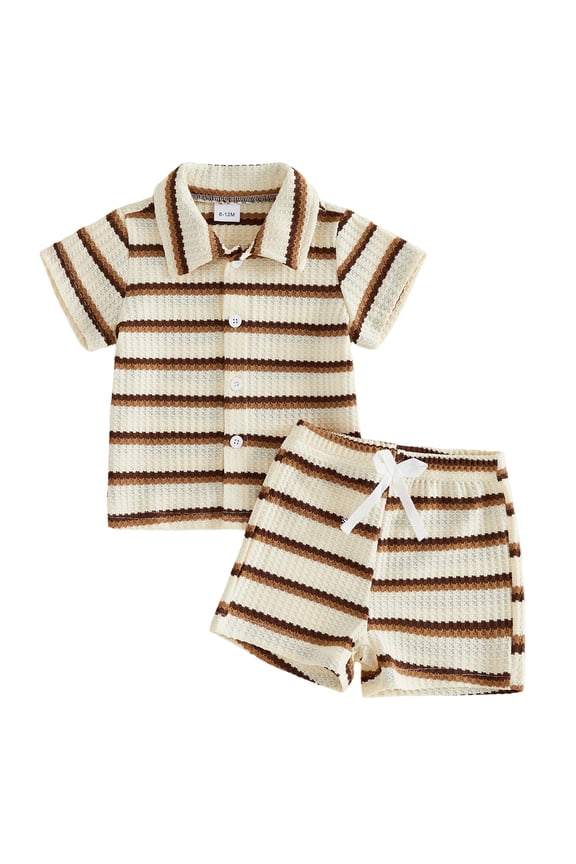 Toddler Baby Boy Summer Outfits 6 12 18 24 Months 2T 3T 4T Short Sleeve Lapel Neck Striped Print Waffle Knit Tops and Elastic Waist Shorts Clothes Set