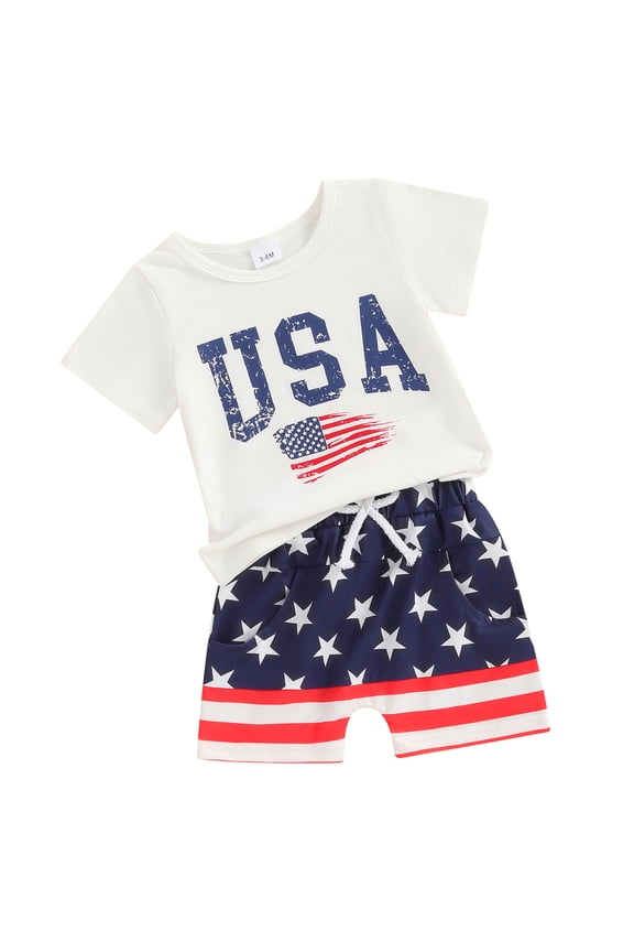 Toddler Baby Boys 4th of July Outfits 3 6 12 18 24 Months 2T 3T Flag Letter Print Round Neck Short Sleeve T-Shirts Tops and Stars Print Shorts 2Pcs Clothes Set