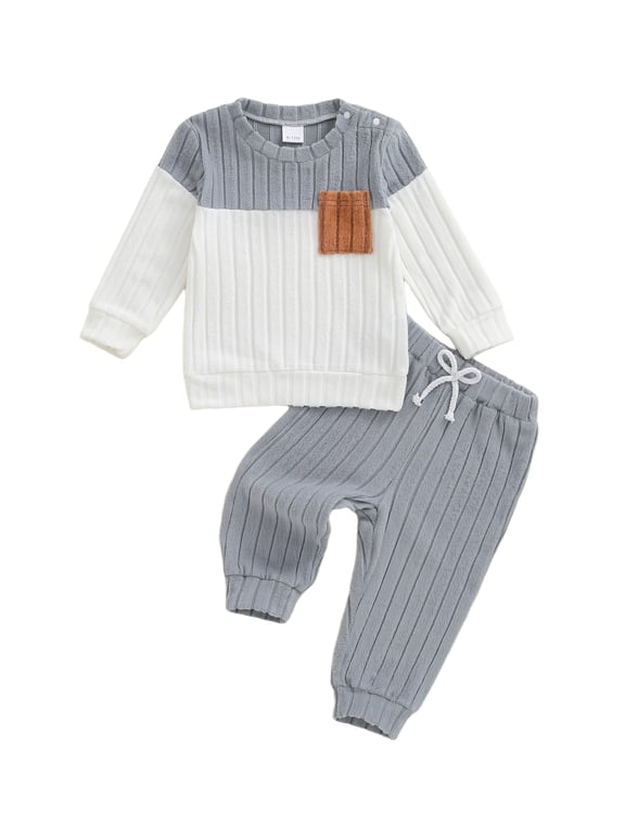Toddler Baby Boys Clothing Set Fashionable Plush Long Sleeve Pullover with Solid Color Pants 2 Pcs Winter Outfits