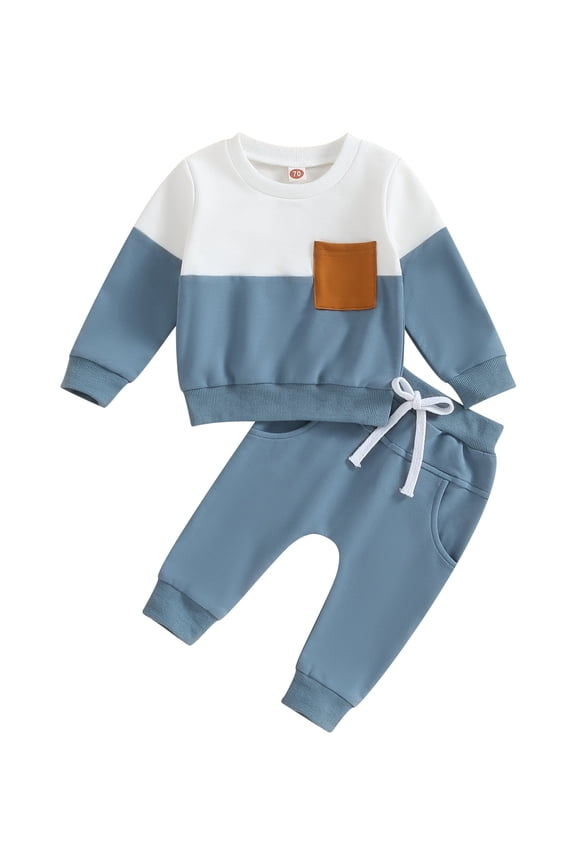 Toddler Baby Boys Fall Outfits 6 12 18 24 Months 2T 3T Contrast Color Pocket Long Sleeve Sweatshirts and Solid Color Long Pants 2Pcs Clothes Set