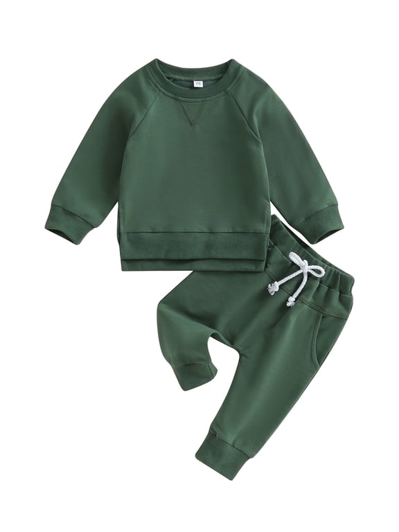 Toddler Baby Boys Fall Outfits 6 12 18 24 Months 2T 3T Solid Color Crew Neck Long Sleeve Sweatshirts and Long Pants 2Pcs Clothes Set