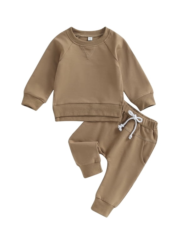 Toddler Baby Boys Fall Outfits 6 12 18 24 Months 2T 3T Solid Color Crew Neck Long Sleeve Sweatshirts and Long Pants 2Pcs Clothes Set