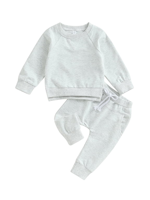 Toddler Baby Boys Fall Outfits 6 12 18 24 Months 2T 3T Solid Color Crew Neck Long Sleeve Sweatshirts and Long Pants 2Pcs Clothes Set