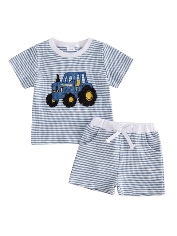 Toddler Baby Boys Summer Outfits 6 12 18 24 Months 2T 3T 4T Vehicle Embroidery Waffle Stripe Short Sleeve T-Shirts Elastic Waist Shorts 2Pcs Clothes Set