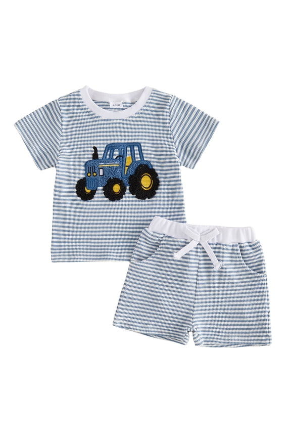 Toddler Baby Boys Summer Outfits 6 12 18 24 Months 2T 3T 4T Vehicle Embroidery Waffle Stripe Short Sleeve T-Shirts Elastic Waist Shorts 2Pcs Clothes Set