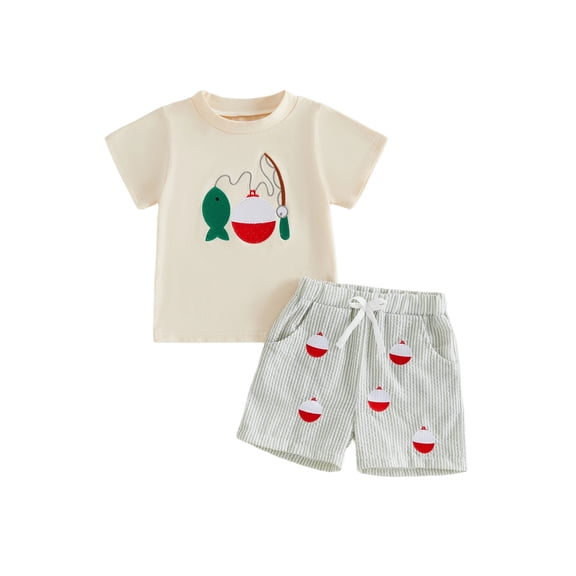 Loicainy Toddler Baby Boys Summer Outfits 6 12 18 24 Months 2T 3T Adorable Fish Print Short Sleeve Round Neck Tops and Striped Shorts Clothes Set