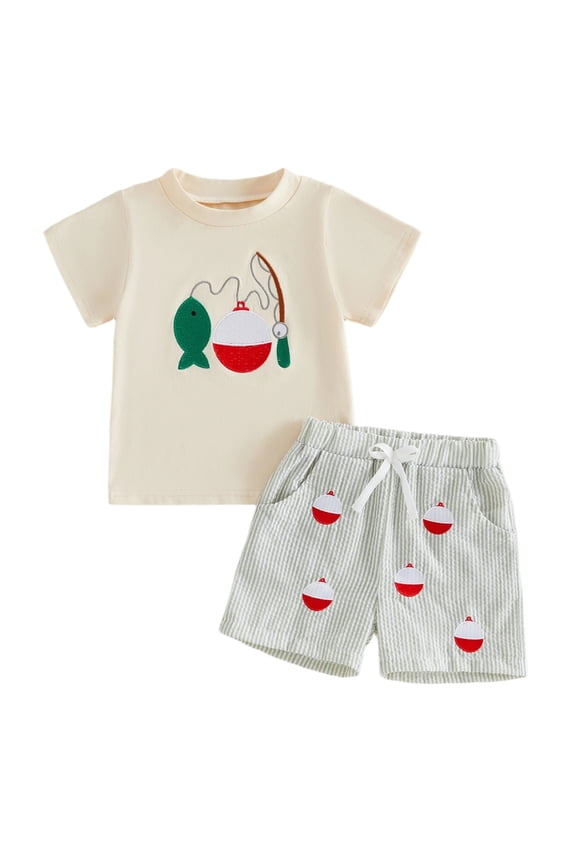 Toddler Baby Boys Summer Outfits 6 12 18 24 Months 2T 3T Adorable Fish Print Short Sleeve Round Neck Tops and Striped Shorts Clothes Set