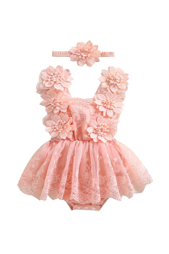 Toddler Baby Girl Bodysuit Dress 3 6 12 18 24 Months Flower Embroidery Tie-Up Mesh Romper Bow Headband 2 Piece Set