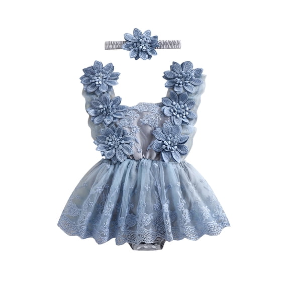 Loicainy Toddler Baby Girl Bodysuit Dress 3 6 12 18 24 Months Flower Embroidery Tie-Up Mesh Romper Bow Headband 2 Piece Set