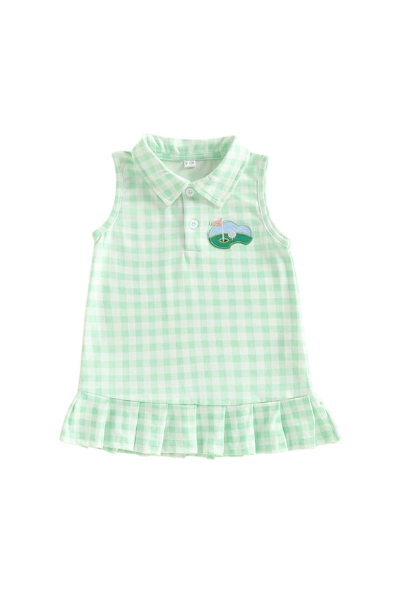 Toddler Baby Girl Button Collared Dress 6 12 18 24 Months 2T 3T 4T Casual Golf Embroidered Striped/Plaid Ruffled Hem Sleeveless Dresses
