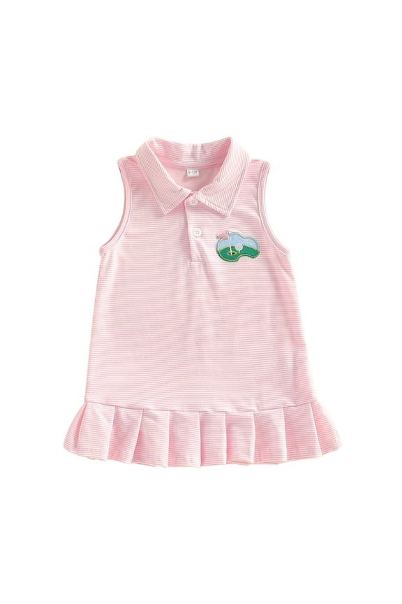 Toddler Baby Girl Button Collared Dress 6 12 18 24 Months 2T 3T 4T Casual Golf Embroidered Striped/Plaid Ruffled Hem Sleeveless Dresses