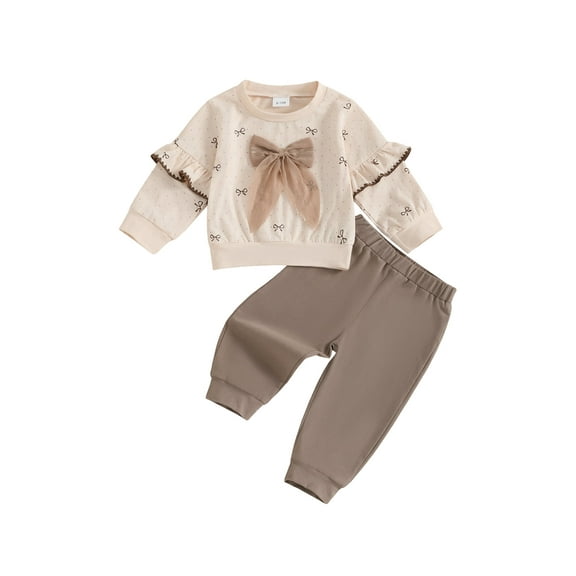 Loicainy Toddler Baby Girl Fall Outfits 6 12 18 24 Months 2T 3T 4T 3D Bow Print Long Sleeve Round Neck Pullover   Elastic Waist Solid Pants 2 Pcs Clothes Set