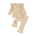 thumbnail image 1 of Loicainy Toddler Baby Girl Fall Outfits 6 12 182 4 Months 2T 3T 4T Bow Print Ribbed Long Sleeve Round Neck Pullover + Elastic Waist Flare Pants Clothes Set, 1 of 10