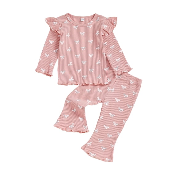 Loicainy Toddler Baby Girl Fall Outfits 6 12 182 4 Months 2T 3T 4T Bow Print Ribbed Long Sleeve Round Neck Pullover   Elastic Waist Flare Pants Clothes Set