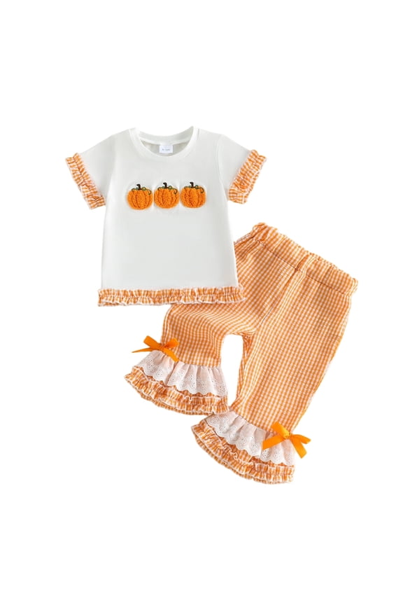 Toddler Baby Girl Halloween Clothes 6 12 18 24 Month 2T 3T 4T Pumpkin Ruffled Trim Crew Neck Short Sleeve Tops and Plaid Pants 2 Pcs Outfit Set