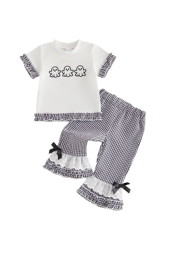Toddler Baby Girl Halloween Clothes 6 12 18 24 Month 2T 3T 4T Pumpkin Ruffled Trim Crew Neck Short Sleeve Tops and Plaid Pants 2 Pcs Outfit Set