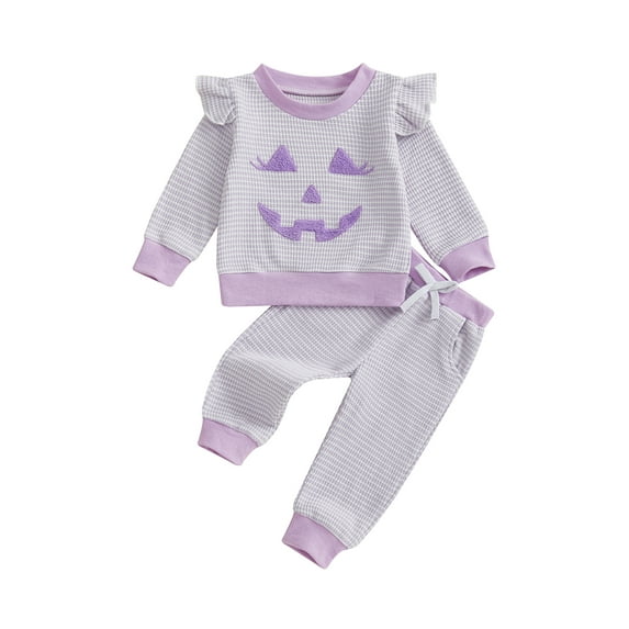 Loicainy Toddler Baby Girl Halloween Outfits 3 6 12 18 24 Months 2T 3T 4T Pumpkin Face Embroidery Stripe Crew Neck Long Sleeve Waffle Tops Long Pants 2Pcs Clothes Set