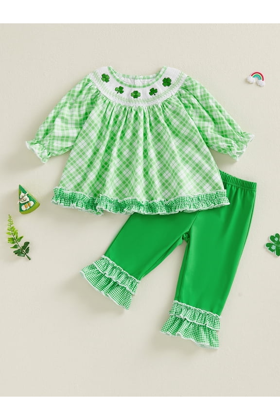 Toddler Baby Girl Irish Outfit 6 12 18 24 Months 2T 3T Clover Long Sleeve Tops and Ruffled Flared Pants 2 Piece Spring Clothes Set